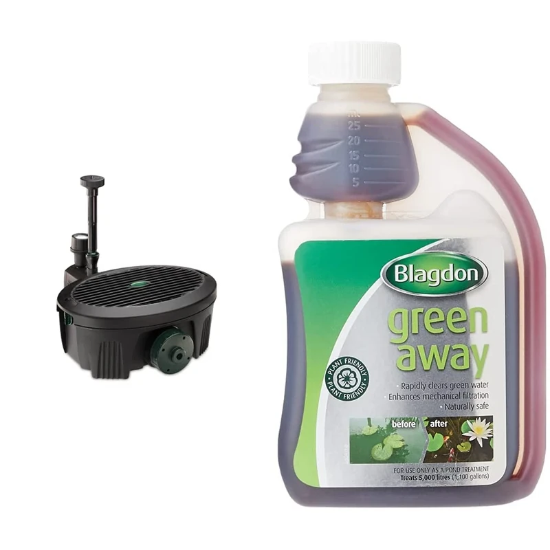 Blagdon Inpond 5-in-1 2000, 10w Pond Pump and Filter with UV Clarifier, LED Light, 3 Fountain Heads & Green Away for Ponds, Clears Green Water and Algae, Natural, Plant Friendly, Safe for Fish, 250ml
