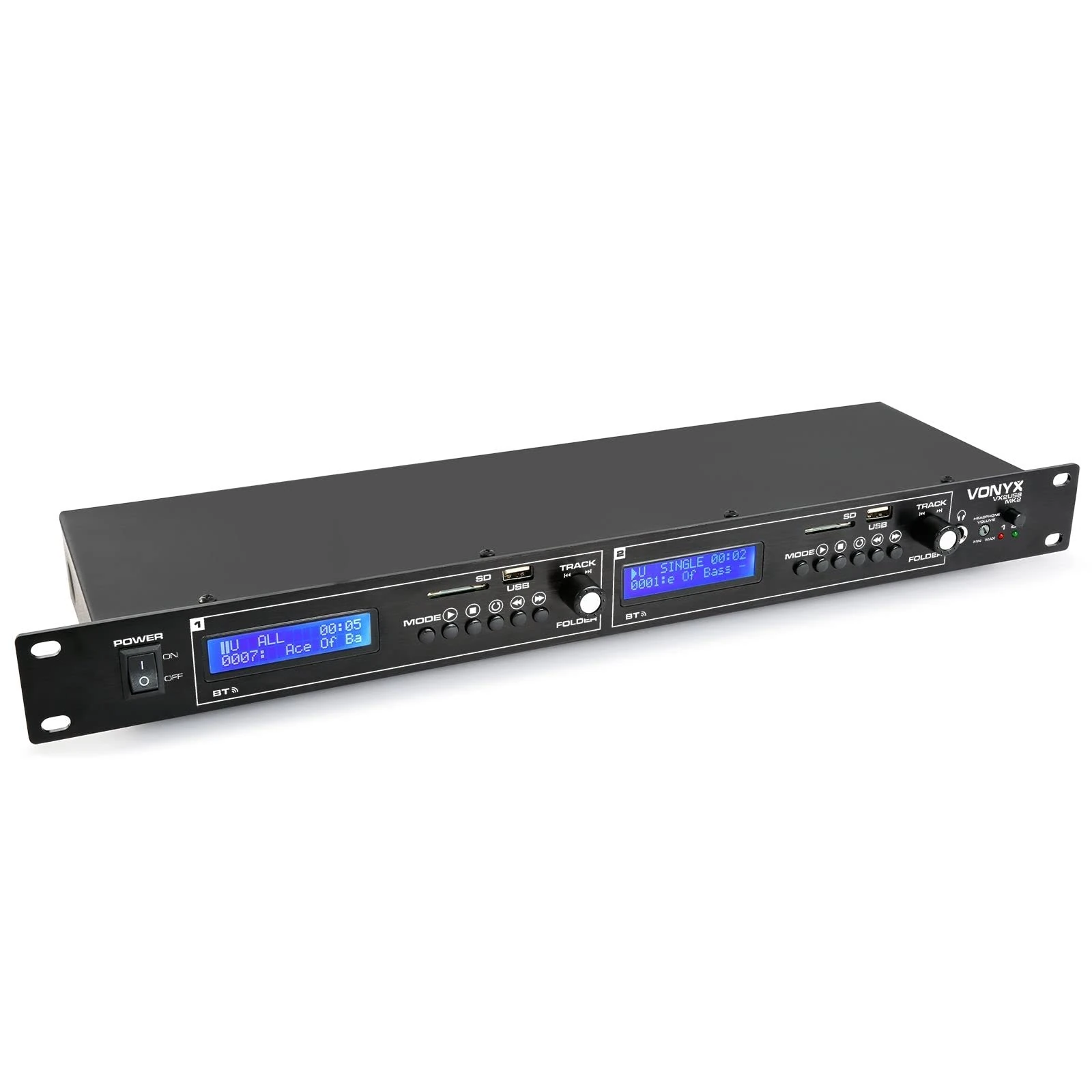 Vonyx VX2USB MK2 Dual Channel USB MP3 Media Player with Bluetooth, SD/MMC Slots, LED Display, Individual and Mixed Outputs, 19" 1U Rack Mountable, Ideal for Restaurants, Bars, Schools, Cafes