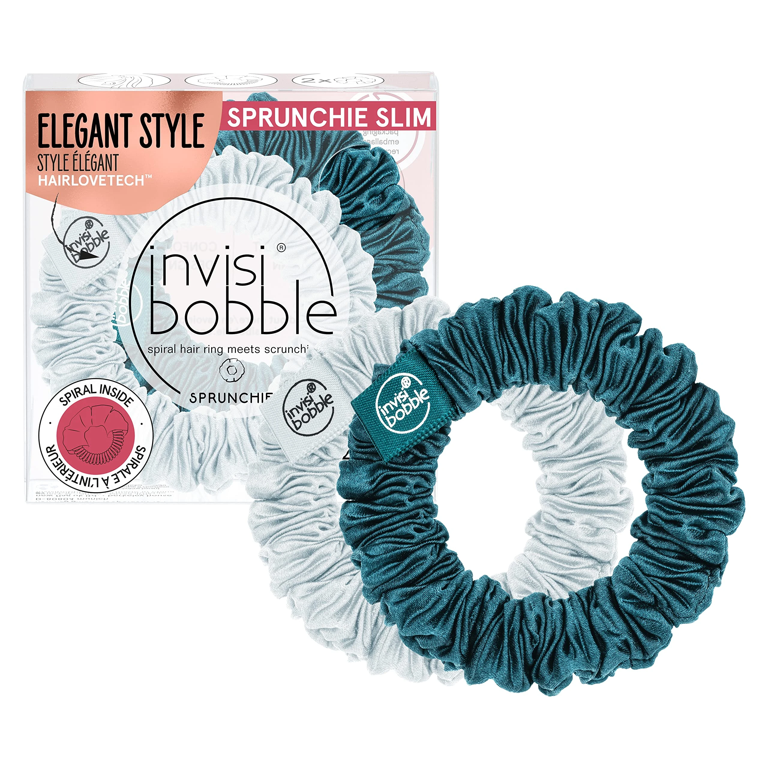 Invisibobble Hair Scrunchie, Slim, Green Grey, 2x Pleated Fabric Hair Bobbles for Girls and Women, Strong Hold & Gentle on the Hair, Designed in the Heart of Munich