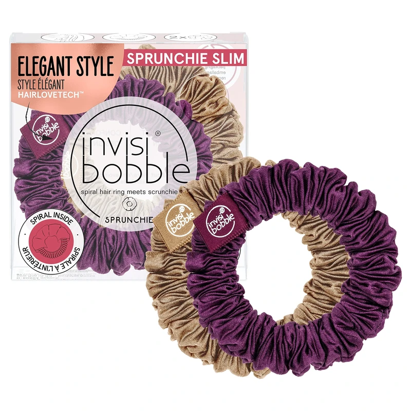Invisibobble Scrunchie, Slim, Purple, Gold, 2x Pleated Fabric Hair Bobbles for Girls and Women, Strong Hold and Gentle on the Hair, Designed in the Heart of Munich