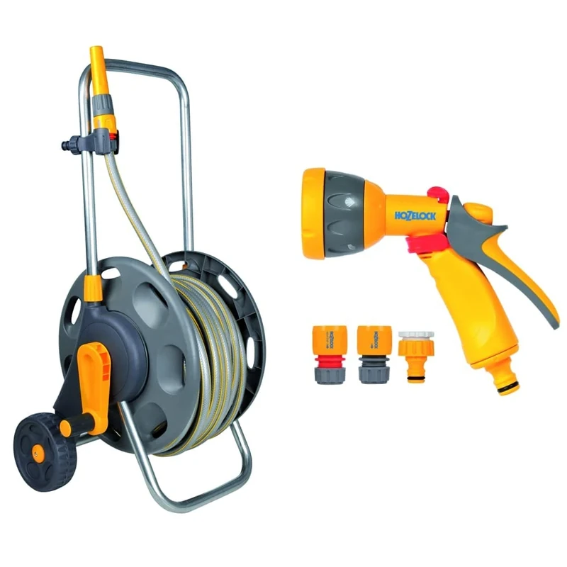 Hozelock 2435 0000 60m Assembled Hose Cart with 50m Hose, Multicolour & Hozelock Ltd 2347 0000 Multi Spray Watering Gun Starter Set, 205.0 mm*230.0 mm*260.0 mm, Multicolour