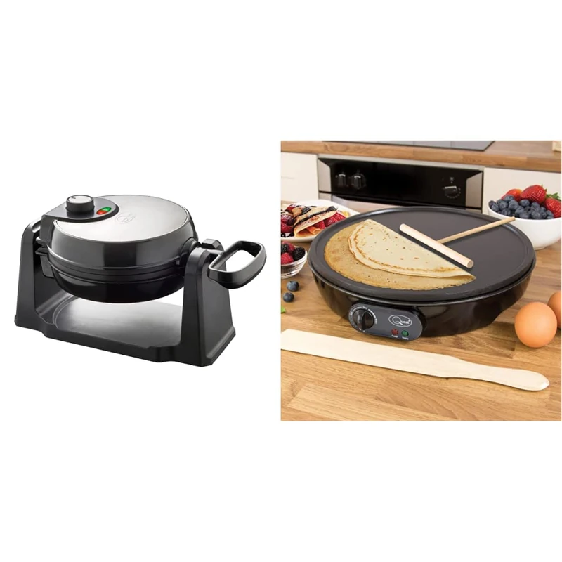 Quest 35969 Rotating Belgian Maker/Non Stick Plates/Cooks up to 4 Waffles / 1000W, Silver & 35540 Electric Pancake & Crepe Maker / 12" Non-Stick Hot Plate with Raised Edges for Reduced Wastage