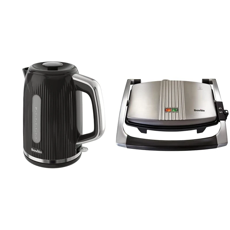 Breville Bold Black Electric Kettle | 1.7L | Black & Silver Chrome [VKT221] & Sandwich/Panini Press & Toastie Maker | 3-Slice | Non-stick-coated aluminium plates | Stainless Steel [VST025]