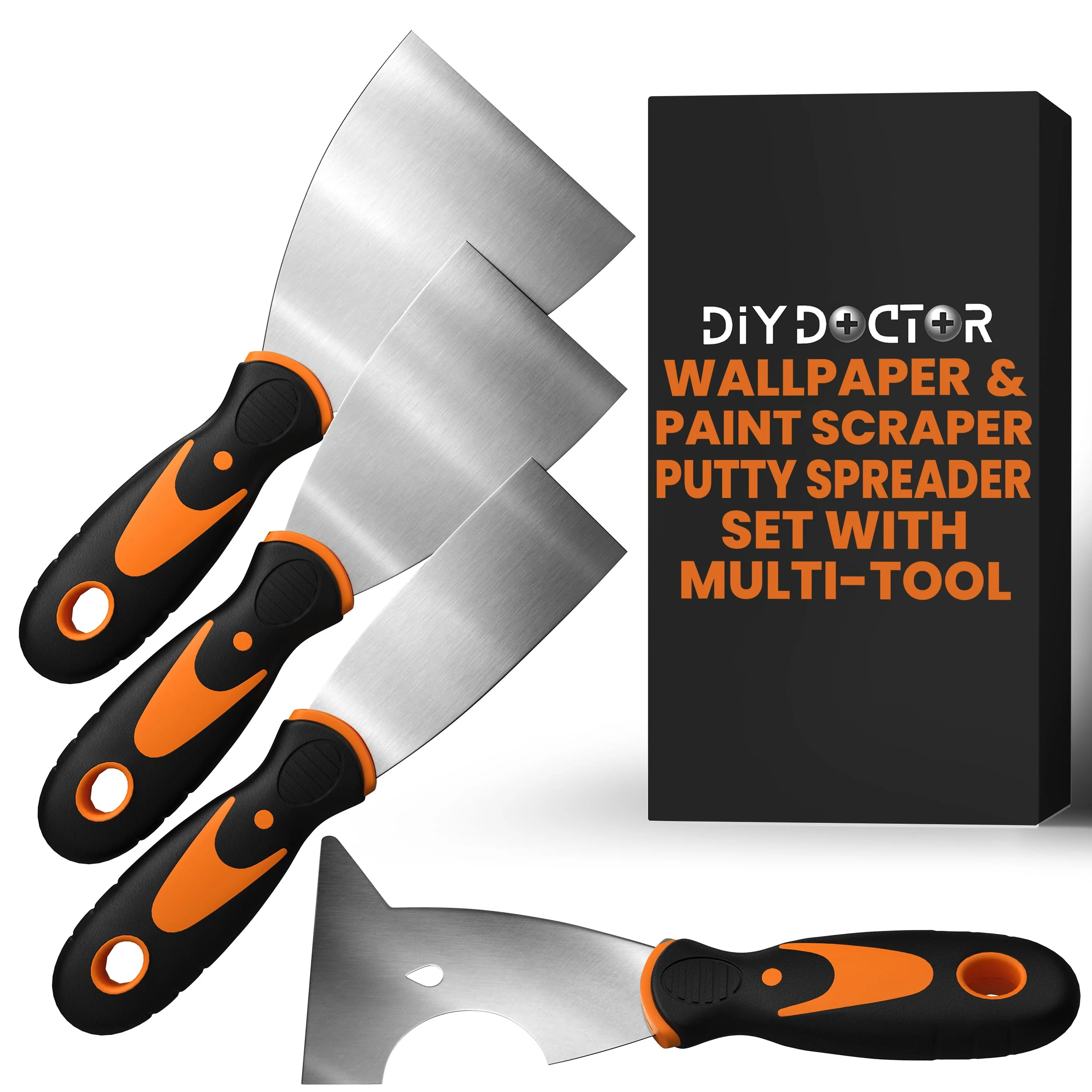 DIY Doctor 4-Piece Wallpaper Scraper Set (1 Pack) – Includes 3 Strippers & 1 Multifunctional Putty Scraper – Paint Scraper Tools in Sizes 1.5", 2.5", 3.5" – For Wallpaper Removal, DIY & Painting Tasks