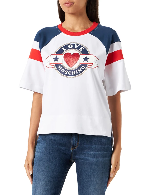 Love Moschino Women's Comfort Fit Short-Sleeved Sweatshirt, White Blue RED, 38, White Blue Red