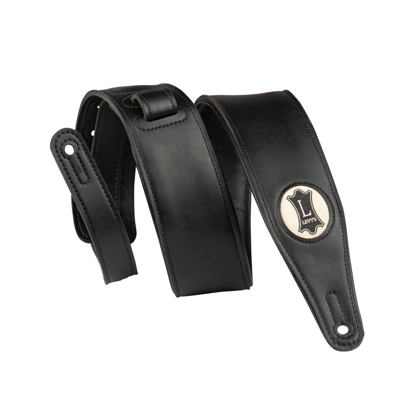 Levy's Leathers Unisex's 2.5" Black Padded Vegan Leather Strap with Hemp Logo Adjustable from 48" to 55" Guitar, Standard