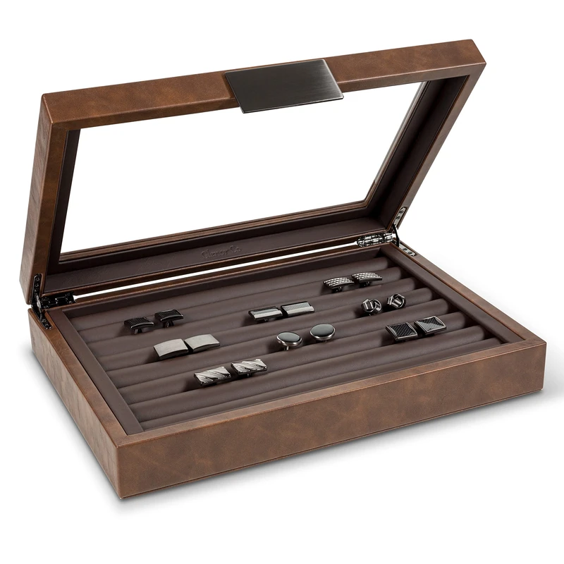 Glenor Co Cufflink Box for Men - Holds 70 Cufflinks - Luxury Display Jewelry Case - Metal Buckle Holder, Large Glass Top - PU Leather Brown