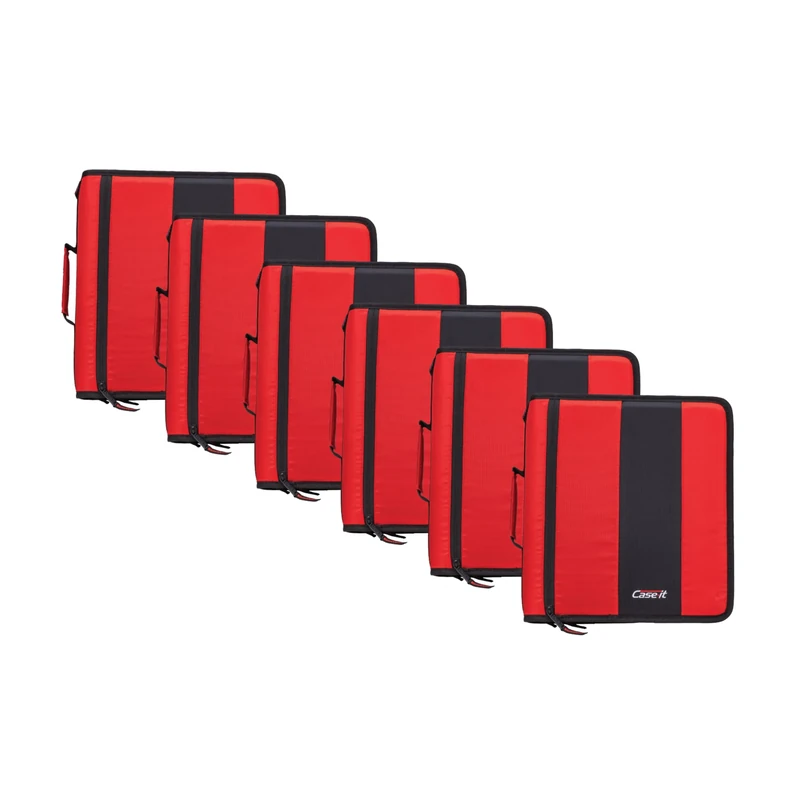Case-It The Classic Zipper Binder - 2 Inch O-Rings - Multiple Pockets - 800 Sheet Capacity - Comes with Shoulder Strap - Fire Engine Red D-251 (6 Pack)