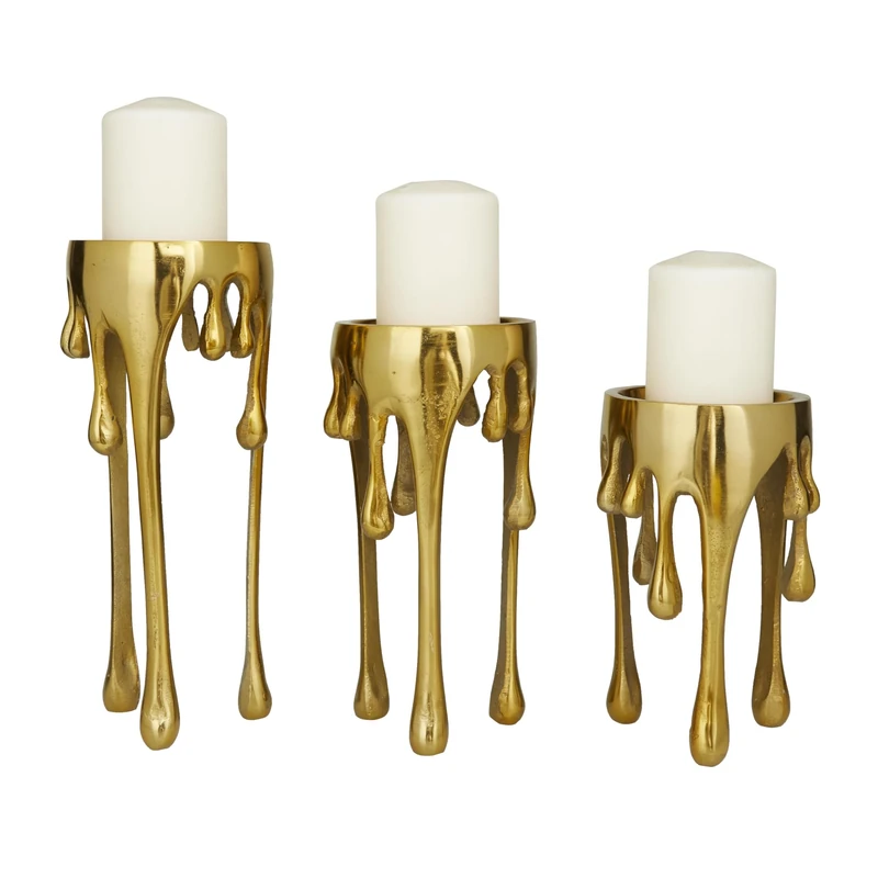CosmoLiving by Cosmopolitan Aluminum Pillar Candle Holder with Dripping Melting Designed Legs, Set of 3 12", 10", 8"H, Gold