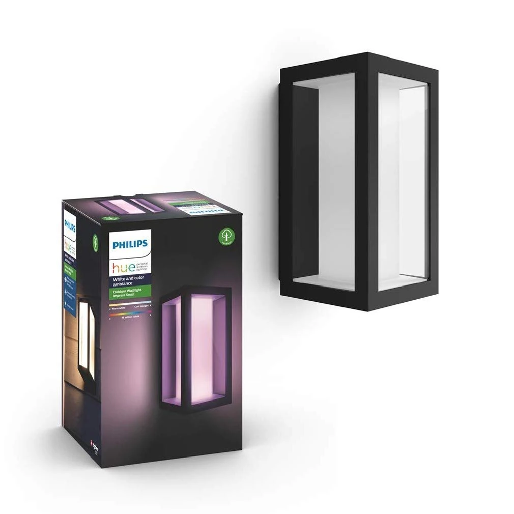 Philips Hue Impress Slim Wall Lantern x 2 + Outdoor Motion Sensor. White and Colour Smart Lighting for Outdoor, Garden, Terrace and Patio Light.