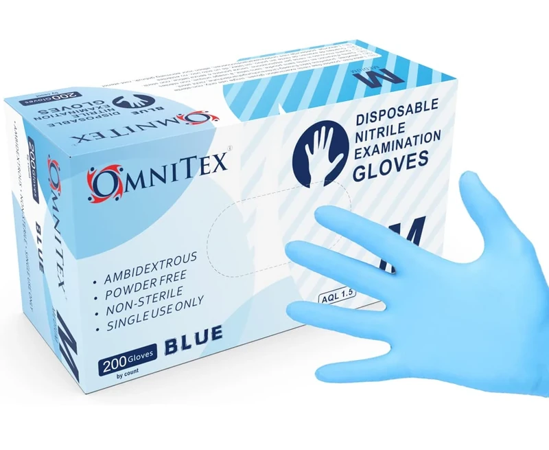 Omnitex Box 200 Premium Disposable Blue Nitrile Gloves | Powder Free | Latex Free | Ambidextrous | Food Safe | Examination Non Sterile | CE & UKCA Cat3 grade (Large)