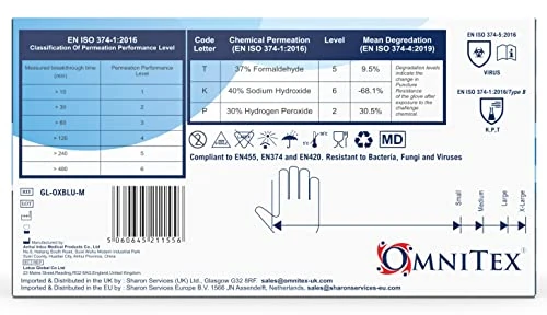 Omnitex Box 200 Premium Disposable Blue Nitrile Gloves | Powder Free | Latex Free | Ambidextrous | Food Safe | Examination Non Sterile | CE & UKCA Cat3 grade (Medium)