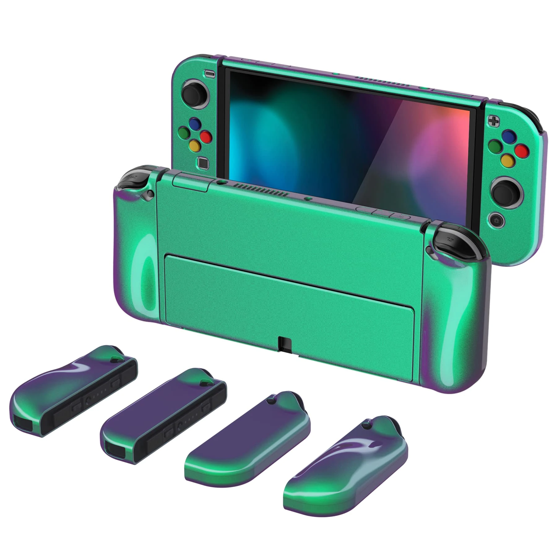 PlayVital AlterGrips Protective Case for Nintendo Switch OLED with Swith Thumb Grip Caps and Button Caps - Chameleon Green Purple