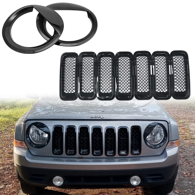 ABS Bezels Front Light Headlight Cover Angry Bird Style & Mesh Grille Grill Insert Kit Trim For Jeep Patriot Accessories 2011-2017 Jeep Mods Black Decoration (9 PCS)