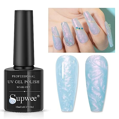 SUPWEE Pearl Nail Polish Glitter Blue Shimmer Thread Shell Nail Gel