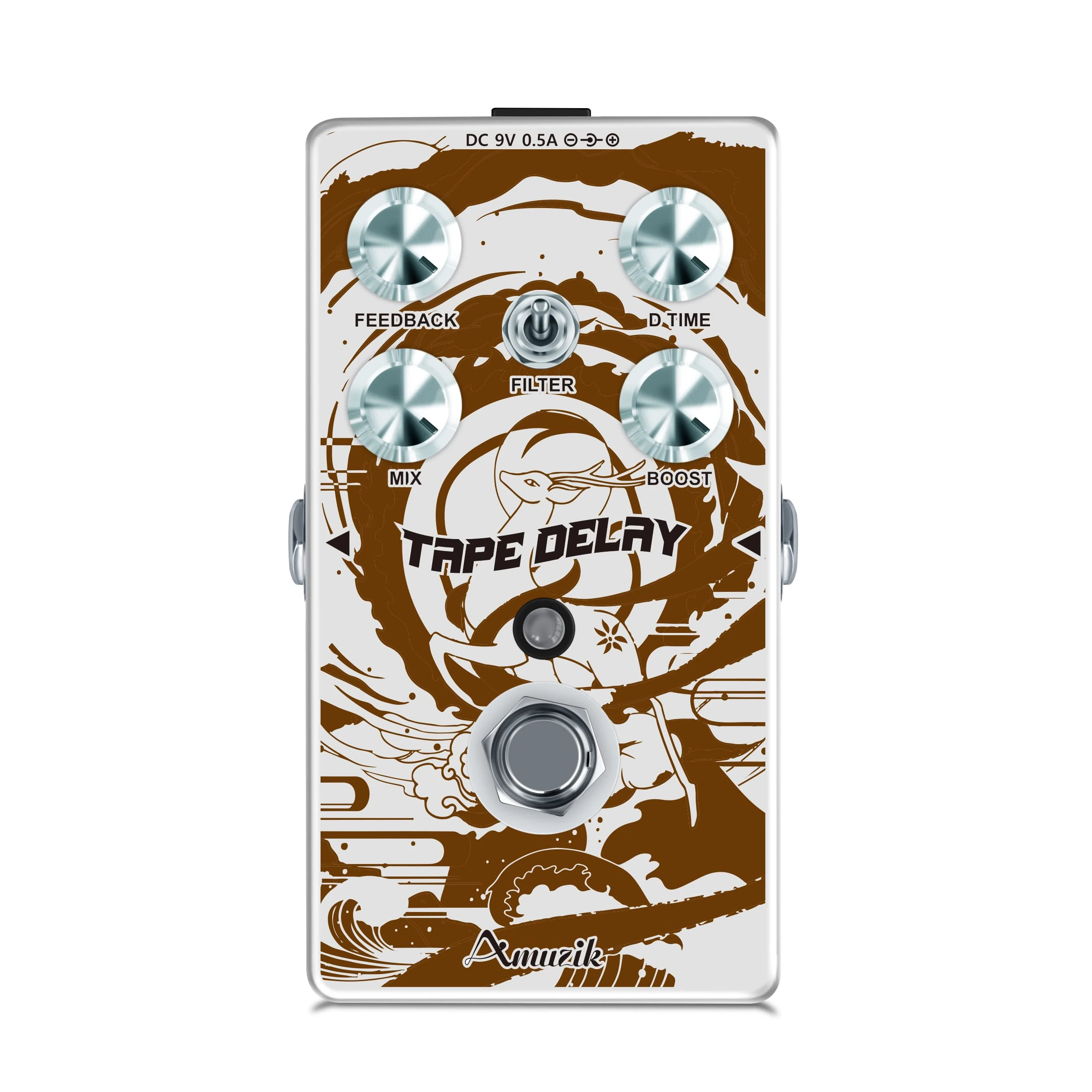 Amuzik Tape Delay Guitar Effects Pedal Mini Size with Art Design for Electric Guitar and Bass, Brown and white