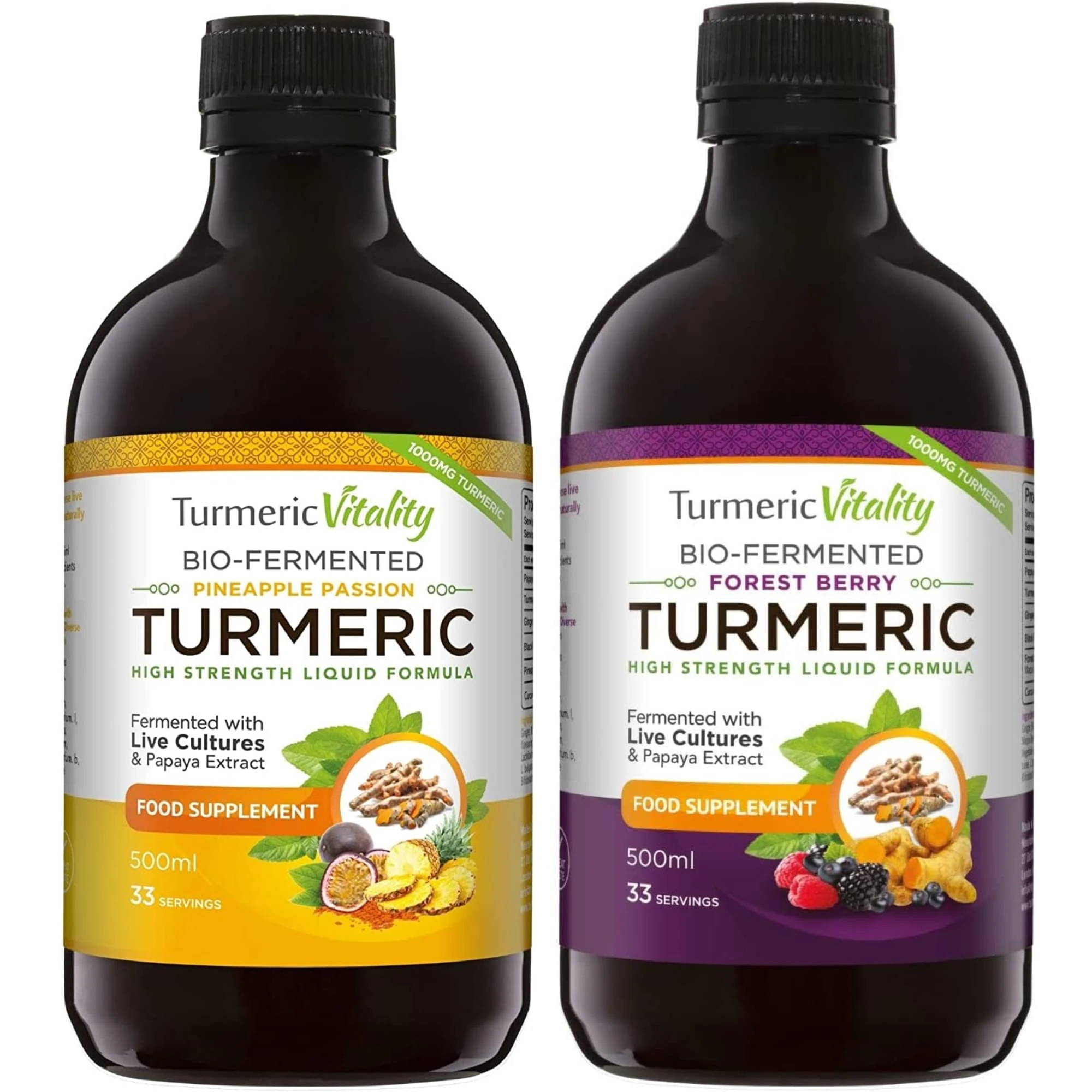 Bio-Fermented Turmeric with Live Cultures and Enzymes - Fermented High Strength Liquid Turmeric Supplement with Black Pepper & Ginger Equivalent to 2 Turmeric Capsules (2-Pack Mixed Flavours)