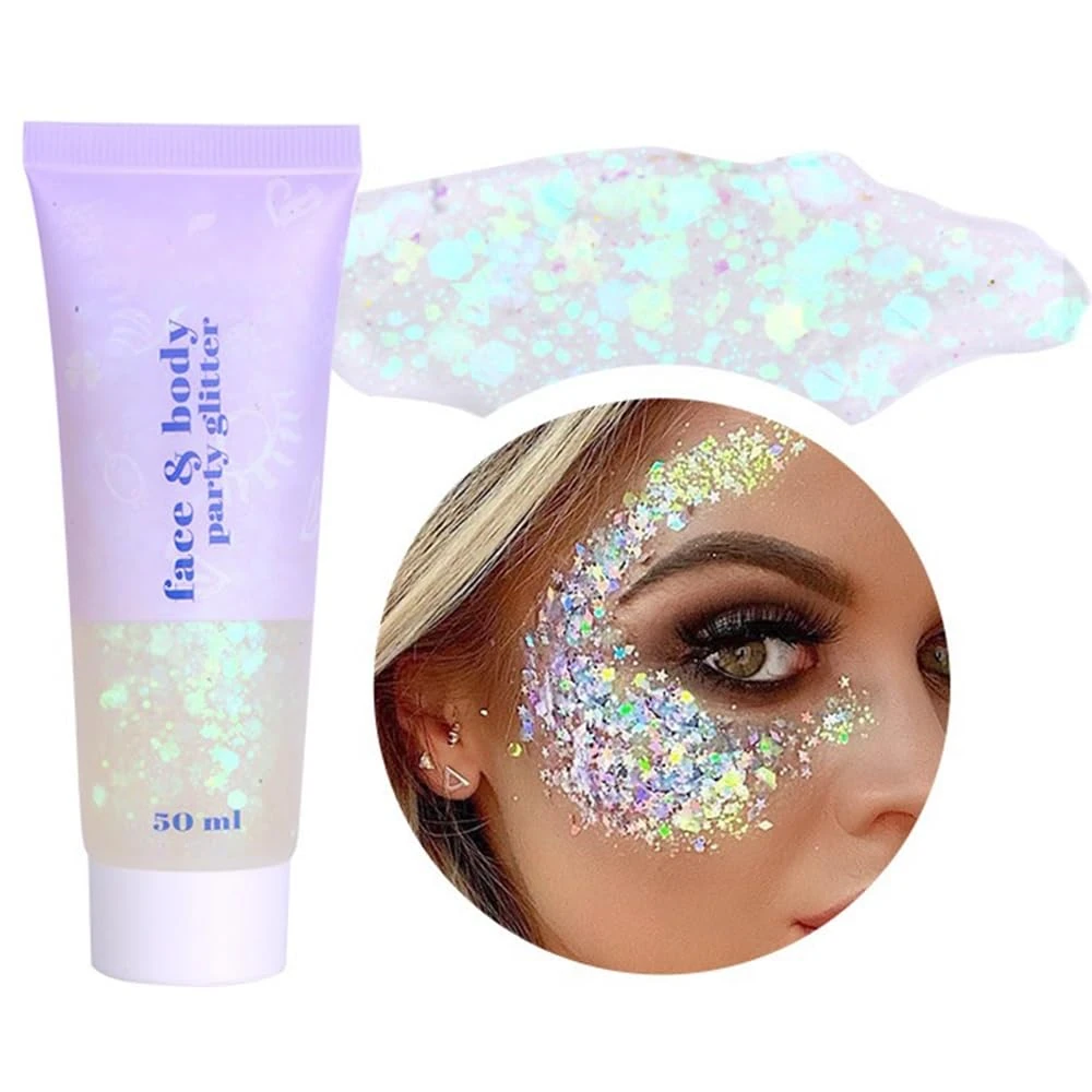 Beliky Girl Body Glitter Gel, 50ml Face Glitters Body Sequins Shimmer Liquid Eyeshadow, Mermaid Sequins Liquid Holographic Glitter Gel, Chunky Glitters for Eye Hair Nail DIY Art (White)
