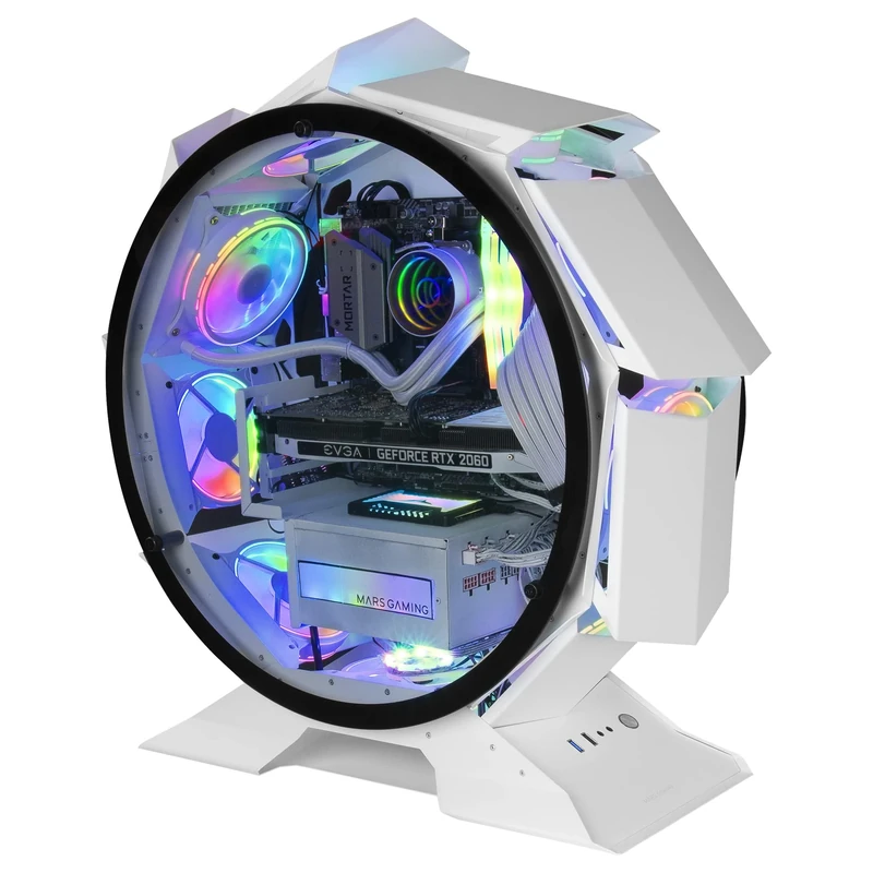 Mars Gaming MCORB White, Micro-ATX XL Gaming PC Case, Custom Circular Design, Tempered Double Glazing
