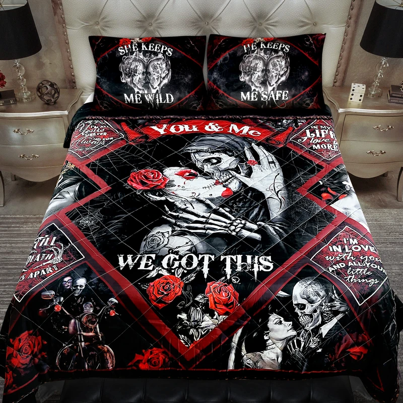 Gothic Skull Bedding Decorations - Wedding, Anniversary, Valentines, Christmas, Birthday Gifts for Couple, Him, Her, Wife, Husband, Boyfriend, Girlfriend - Queen Size Bedding Set