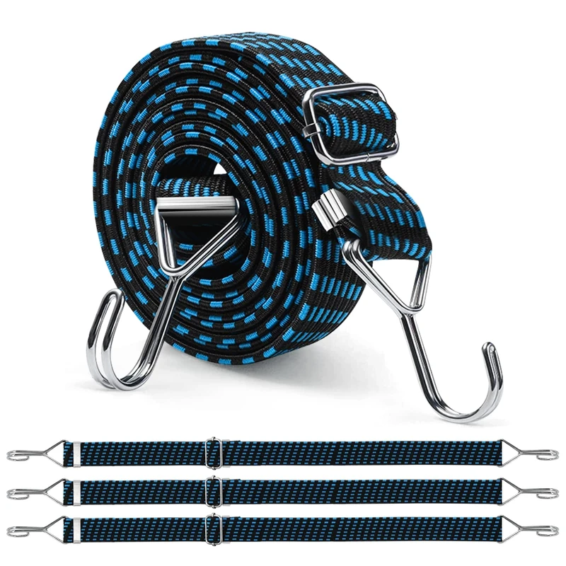 Newthinking 3M Adjustable Bungee Cords with Hooks, 4 Pack Blue Heavy Duty Flat Bungee Cords Elastic Straps for Bicycles Camping Rent Luggage Fixing