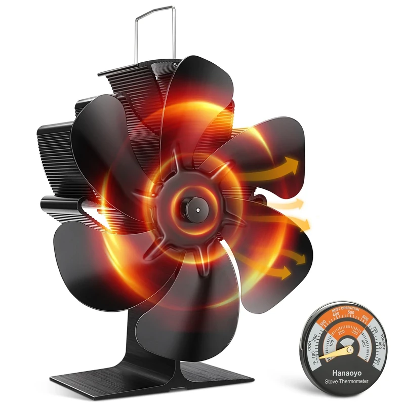 Hanaoyo Stove Fan, 6 Blades Log Burner Fan Heat Powered, Silent Operation, for Log Burner/Wood/Fireplace, Stove Top