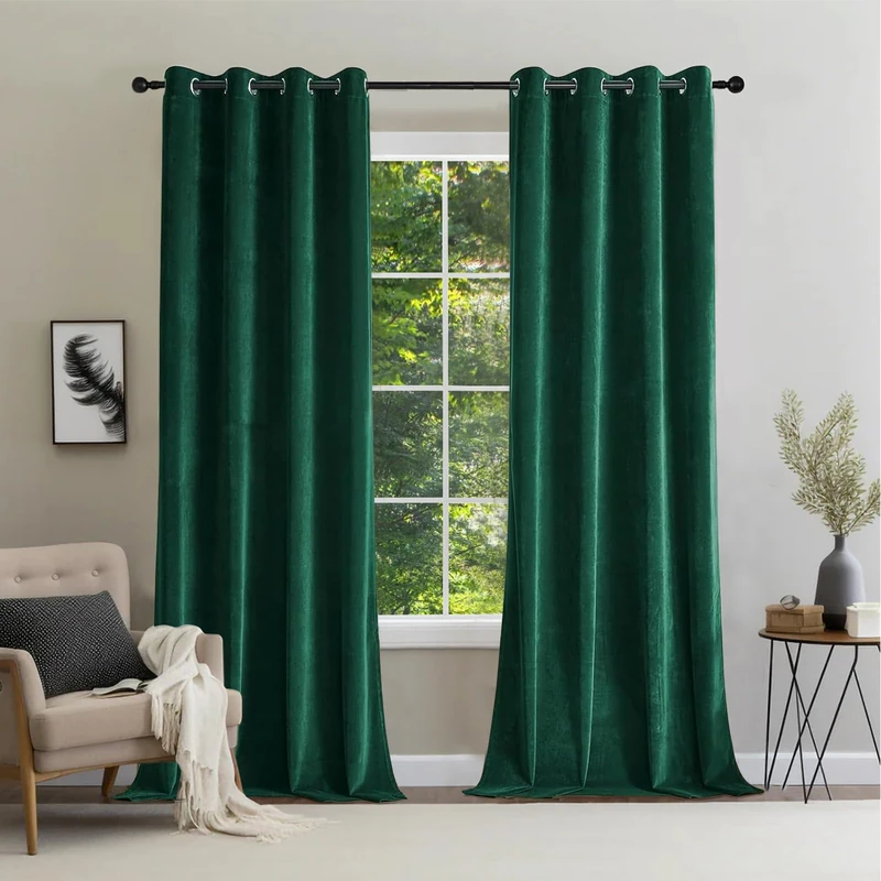 CUCRAF Velvet Curtain with Eyelets, Set of 2, Opaque and Opaque Curtains, H 225 x W 140 cm, Luxury Heat-Insulating Curtains for Living Room and Bedroom (Green)