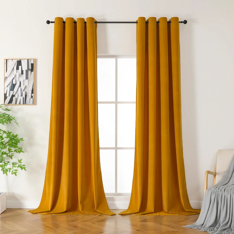 CUCRAF Velvet Curtain with Eyelets, Set of 2, Opaque and Opaque Curtains, H 225 x W 140 cm, Luxury Heat-Insulating Curtains for Living Room and Bedroom (Yellow)