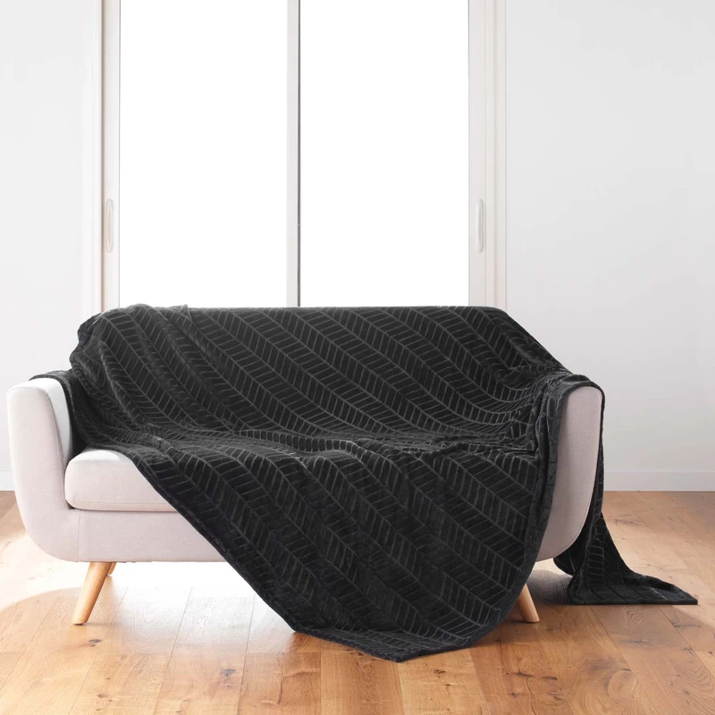 Douceur d'Intérieur, Arya Blanket 180 x 220 cm Black Flannel Relief Plain Arya - Image 1