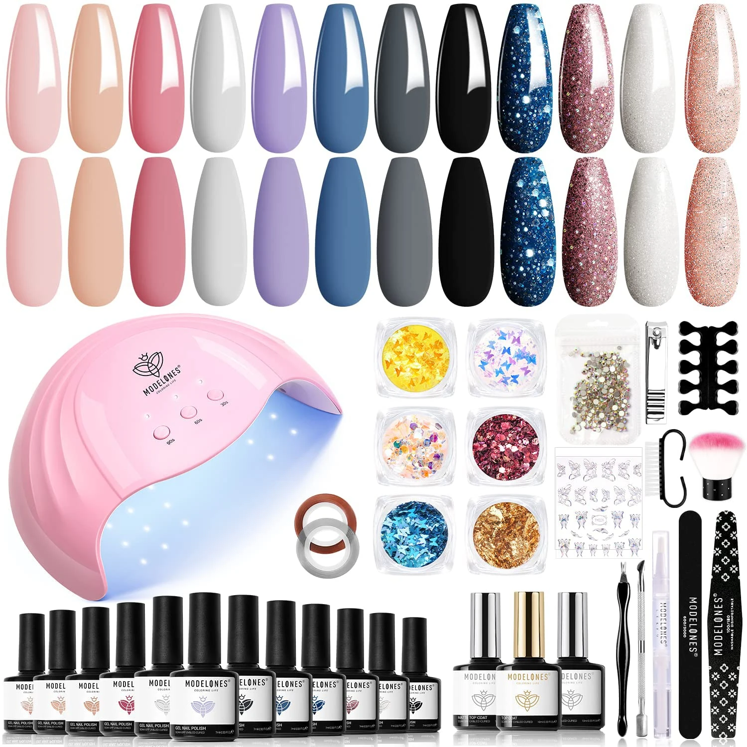 MODELONES Gel Nail Kit - 12 Colors Pink White Black Gel Nail Polish Set with Lamp Starter Kit, Gel Nail Polish Kit 48W Nail Lamp, Base Coat Top Coat Manicure Sets Nail Art DIY at Home