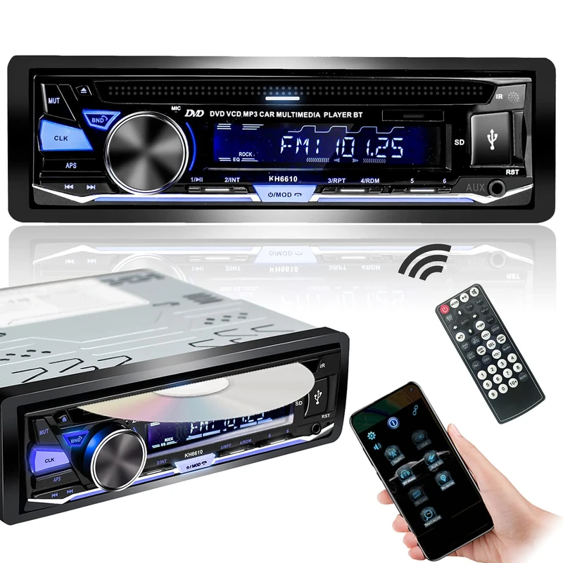 Hengweili Single Din Car Stereo CD DVD Player Bluetooth FM/RDS/AM Radio APP Control MP3 USB SD AUX