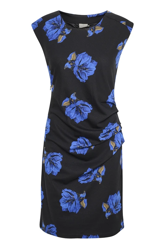 KAFFE Women's Kalinda India Dress Casual, Black/Blue Big Flower, 6