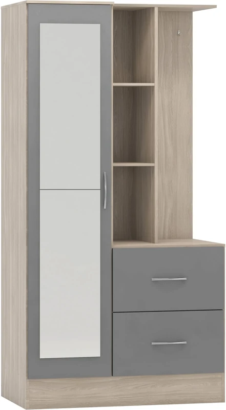 Seconique Nevada Mirrored Open Shelf Wardrobe in Grey Gloss/Light Oak Effect Veneer