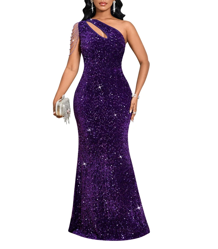 Cololura Women Sequin Elegant Sexy One Shoulder Tassel Oblique Collar Mermaid Bodycon Cocktail Evening Dress, Purple, Large