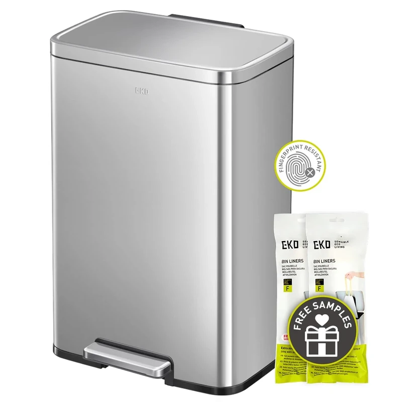 EKO Madison 50L Pedal Bin, Matte Stainless Steel with Fingerprint-Resistant Finish, Removable Inner Liner, Silent Soft Close & Stay-Open Lid Rubbish Bin for Kitchen, Household Use, Office