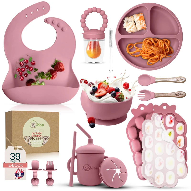 O'doe Baby Weaning Set – 15 Pcs Silicone Baby Feeding Set with Suction Plate, Bowl, Bib, Sippy Cup, Fruit Feeder, Freezer Tray – Baby Plates and Bowls Set – Pink – BPA Free | 6M+