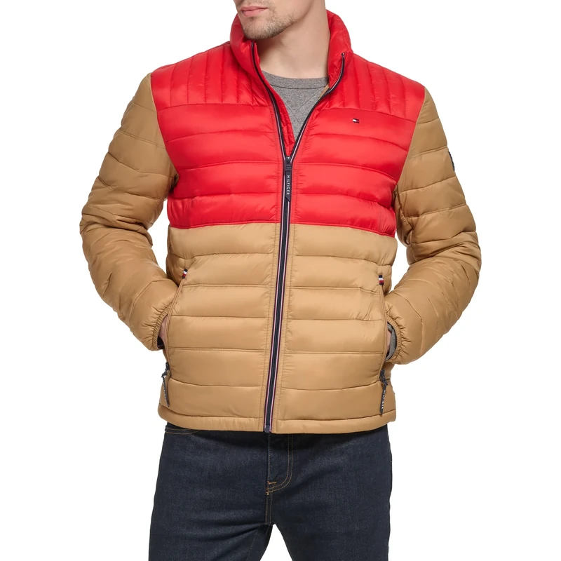 Tommy Hilfiger Men's Lightweight Down Alternative Packable Puffer Jacket Coat, Khaki/Red Colorblock, M