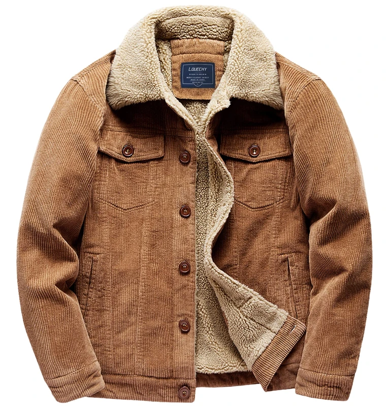 LOUECHY Men's Corduroy Sherpa Lined Trucker Jacket Thickened Warm Winter Coats, Brown, XL