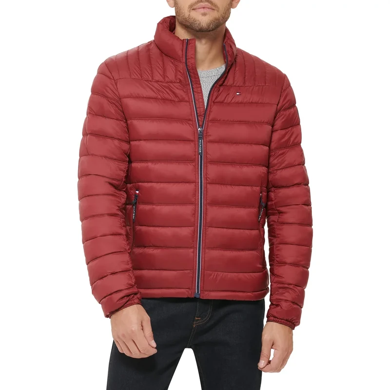 Tommy Hilfiger Men's Lightweight Down Alternative Packable Puffer Jacket Coat, Red, S