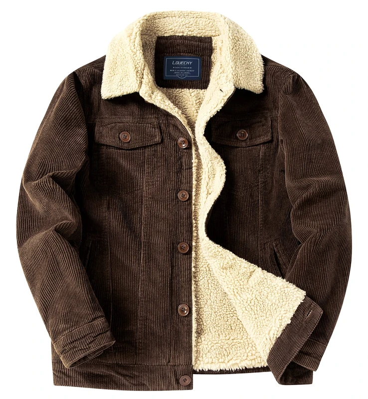 LOUECHY Men's Corduroy Sherpa Lined Trucker Jacket Thickened Warm Winter Coats, Dark Brown, Small