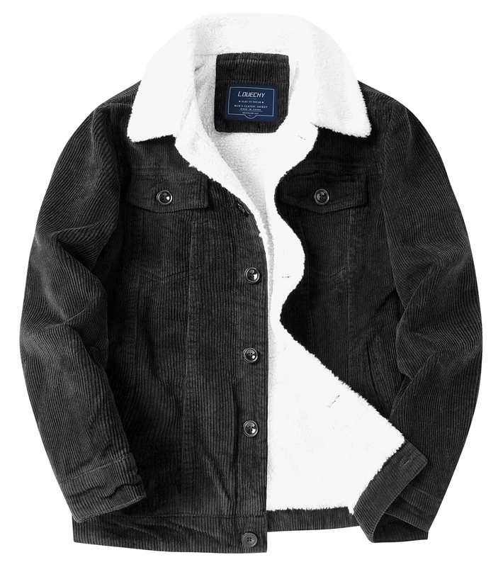 LOUECHY Men's Corduroy Sherpa Lined Trucker Jacket Thickened Warm Winter Coats, Black, Small - Image 1