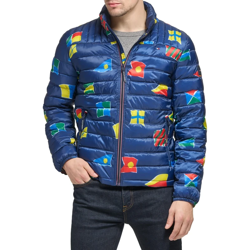 Tommy Hilfiger Men's Ultra Loft Lightweight Packable Puffer Jacket (Standard and Big & Tall), Navy Flag Print, M