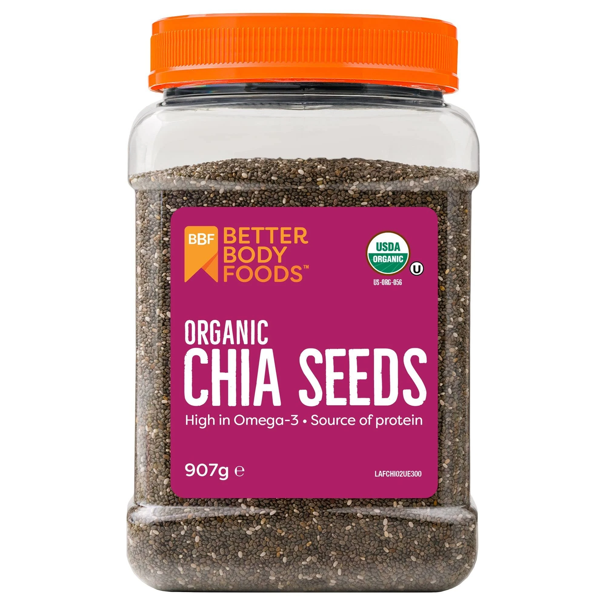 BetterBody Foods Organic Chia Seeds - Source of Omega-3, 5g Protein, 10g Fibre - Vegan, Keto, Gluten Free and Non-GMO Flavour Neutral Favourite - 907g