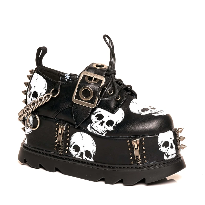 Lamoda Maniac Black PU Skull Chunky Platform Wedge Shoes - Gothic Punk Alternative Y2K Footwear with Oversized Sole, Bold Festival Statement Creeper Style UK6