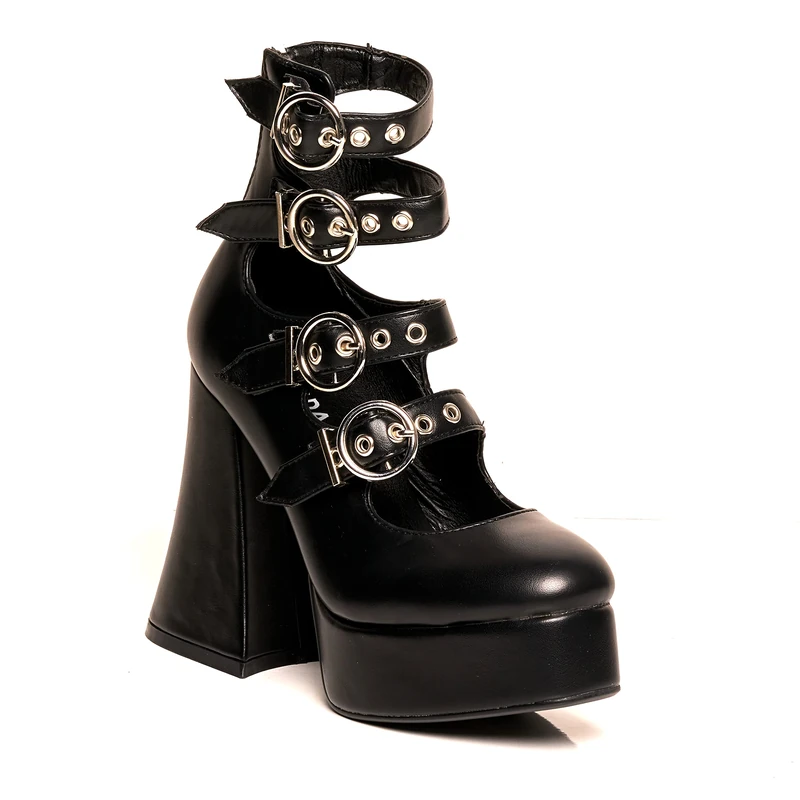 Lamoda Interstellar Black PU Platform Heels UK3 - Chunky Gothic Block Heel Party Shoes with Platform Sole, Adjustable Strap, Durable PU Material - Festival Rave Fashion