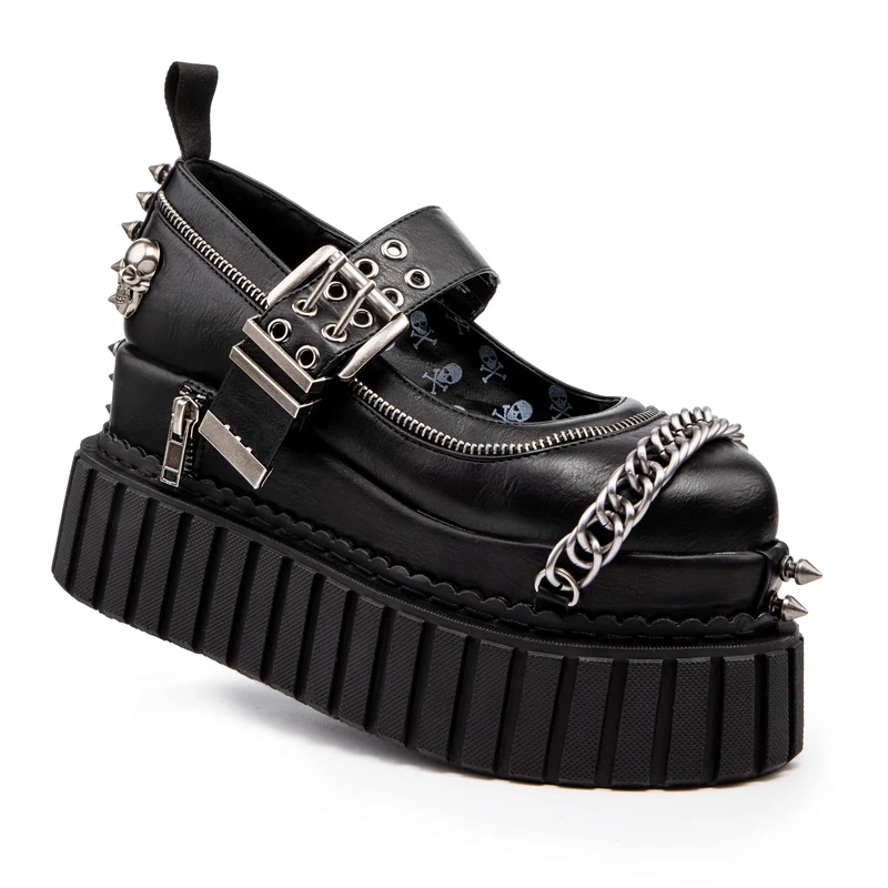 Lamoda Hazardous Chunky Platform Creeper Shoes Black/Skull, Women's Bold Streetwear Creepers with Chunky Sole, Cushioned Insole, Edgy Skull Design for Casual, Party, or Statement Outfits, UK 3