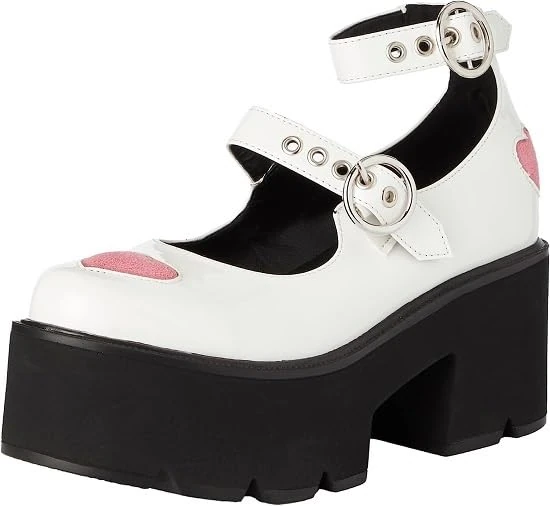 Lamoda Rosey Love Chunky Mary Jane Shoes for Women -WhitePU with Pink Heart, Platform Heels, Cute Kawaii Lolita Gothic Alternative Footwear, Vegan-Friendly - UK3
