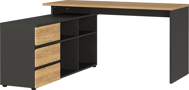 Germania GW-LISSABON Angled desk 4187-549, in Graphite/Navarra-oak repro, with integrated sideboard, can be mounted in reverse, 146 x 76 x 145 cm (W/H/D)
