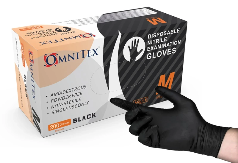 Omnitex Box 200 Premium Disposable Black Nitrile Gloves | Powder Free | Latex Free | Ambidextrous | Food Safe | EN455 EN374 EN420 | CE & UKCA Cat3 grade (Small)
