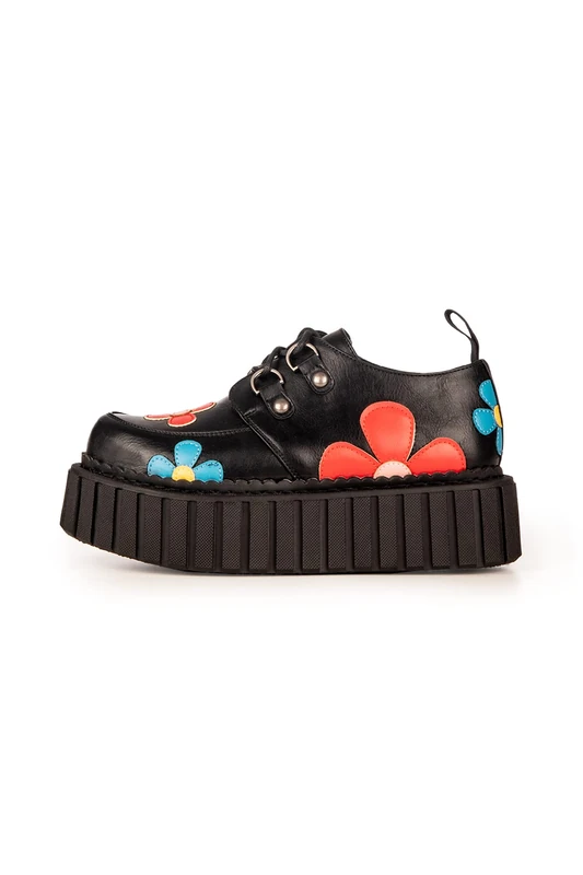 Lamoda Give A Little Black PU Multi-Flower Chunky Platform Creeper Shoes, Gothic Street Style, Lace-Up Closure, Comfortable Cushioned Insole, UK4